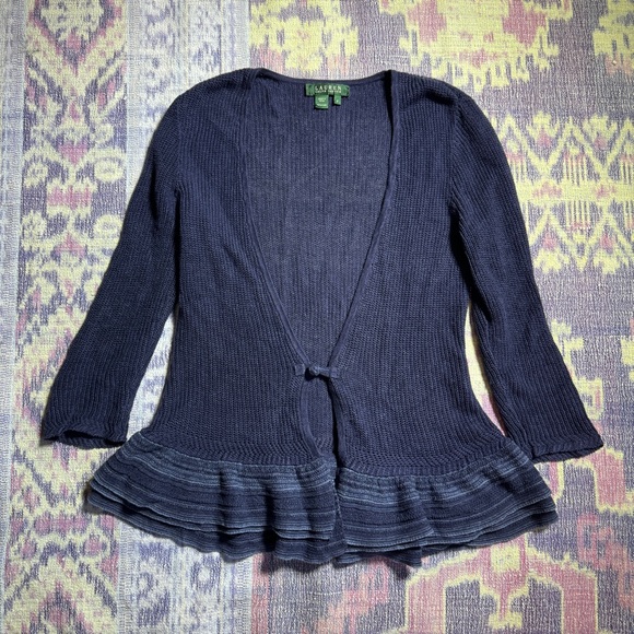 Lauren Ralph Lauren Womens Linen Cardigan Sweater Knit Ruffle Hem in Navy Blue - Picture 1 of 10